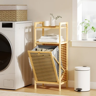 HOMCOM Armario de Baño Estrecho de Bambú con 2 Estantes Abiertos Cesto Extraíble y Diseño con Listones 40x30x95 cm Natural