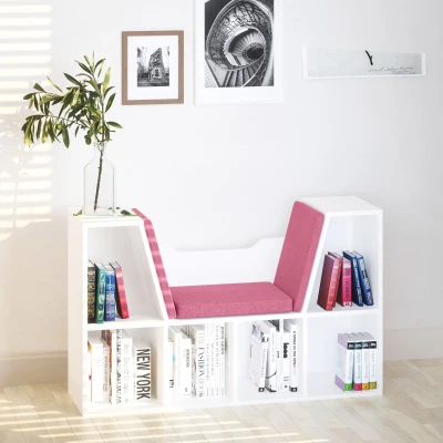 HOMCOM Librería con Asiento Estantería de Libros con 6 Cubos Cojín para Sala de Estar Dormitorio 102x30x61cm Blanco y Rosa
