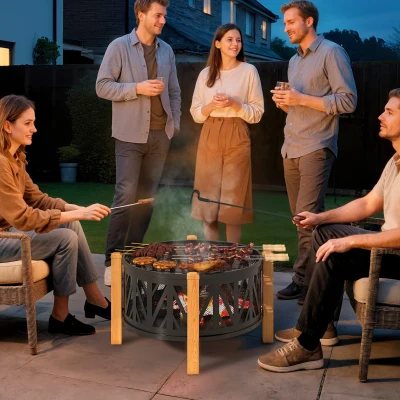 Outsunny Chimenea 2 en 1 Ø75 x 58 cm Fuente de Fuego con Protector contra Chispas Pincho para Brasas Negro