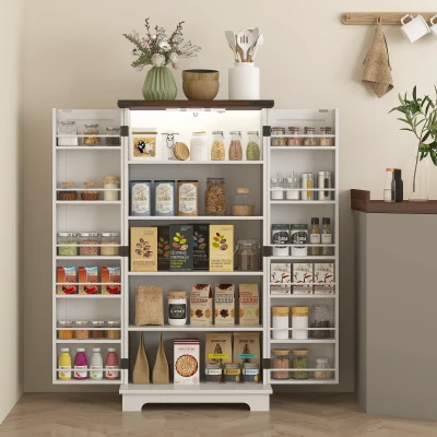 HOMCOM Küchenbuffet, Küchenmöbel Aufbewahrung, mit 12 Türregalen, magnetisches LED-Licht, 60 x 40 x 120 cm, weiß