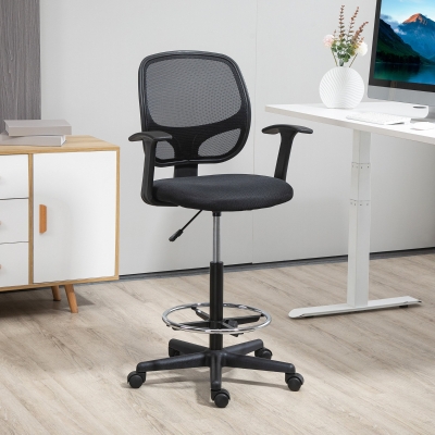 Vinsetto Drawing Chair with Footrest 5 Casters Height Adjustable Steel Mesh Fabric Black