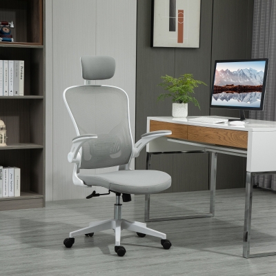 Vinsetto Office Chair Ergonomic Desk Chair with Rocking Function High Backrest Lumbar Support Headrest Foldable Arm Home-Office Gray 65 x 64 x 114-122 cm