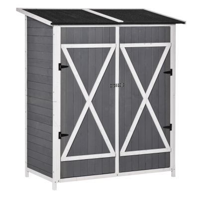 Outsunny Wooden Garden Storage Shed with Flexible Table, Hooks and Ground Nails, Lockable Tool Organizer Sheds with Asphalt Roof, 139 x 75 x 160cm, Dark Grey