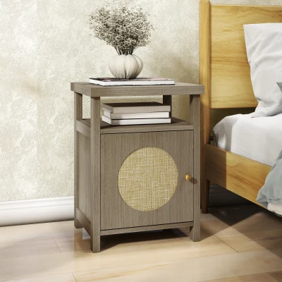 HOMCOM Nachttisch mit Rattantür, Nachttisch mit offenem Regal und Fach 40x35x55 cm Naturholz
