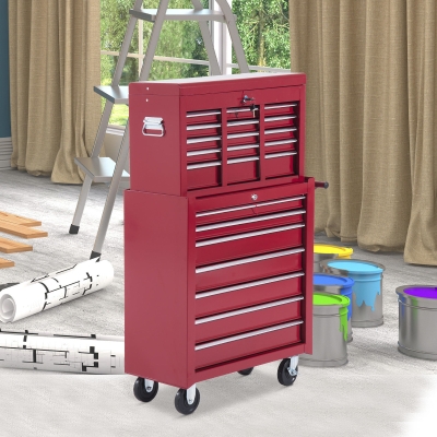 HOMCOM Tool Cart with Tool Chest, Lockable Tool Cart with Drawers, Tool Compartment, Key, and Non-Slip Mats, Red