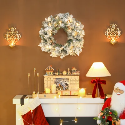 HOMCOM Tannenkranz Weihnachtskranz mit LED-Lichterkette, Tannenzapfen, Türkranz Grün+Weiß, Ø60 x 8 cm