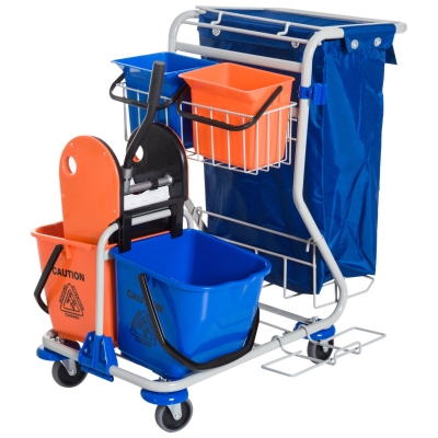 HOMCOM Cleaning Cart Cleaning Trolley 4 Buckets Mop Press Waste Bag System Cart with Rollers Blue Orange 93 x 80 x 97 cm