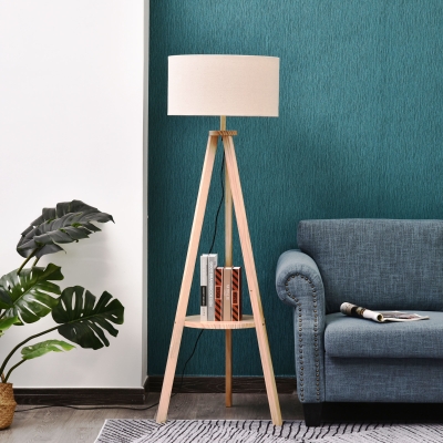 HOMCOM Lámpara de Pie Tipo Trípode con Estructura de Madera Natural y Pantalla de Tela Beige con Estante Integrado 50x50x154 cm