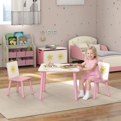 AIYAPLAY Kindertisch mit Stuhl, Kinderholzset mit 2 Stühlen, Sternenmotiv, 60 x 60 x 44 cm, rosa