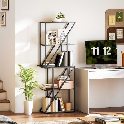HOMCOM Librería de 5 Niveles Estantería para Libros Industrial con Estantes Abiertos y Marco de Acero 60x30x165 cm Roble