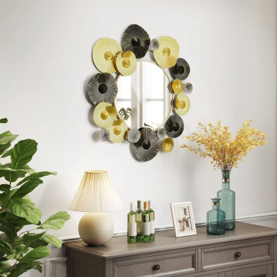 HOMCOM Metallische Wanddekoration mit Dekospiegel für Wohnzimmer Schlafzimmer Flur 84x84 cm Gold und Schwarz