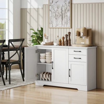 HOMCOM Buffet, Aufbewahrungsschrank mit 3 Türen, 2 Schubladen und verstellbarem Regal, 120 x 38 x 79 cm, weiß