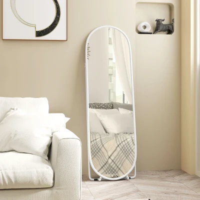 HOMCOM Espelho de Pé Oval 160x40 cm Espelho de Corpo Inteiro com Moldura Metálica Suporte e 2 Formas de Utilização Branco