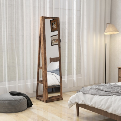 HOMCOM Joalheiro de Pé Armário para Jóias 360° com Fechadura e Espelho Incorporado Carga Máxima 20 kg 38x38x160 cm Marrom Rústico
