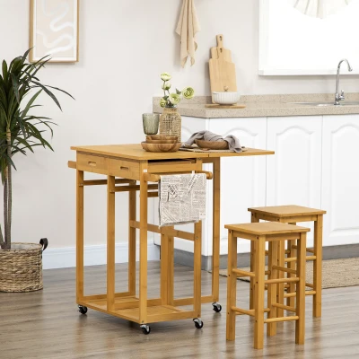 HOMCOM Conjunto de Mesa Alta de Bar e 2 Bancos Mesa de Cozinha Alta em Bambu com Rodas Tampo Dobrável  Madeira