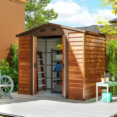 Outsunny Casetta da Giardino con Doppie Porte Scorrevoli Marrone