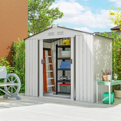 Outsunny Caseta de Jardín 213x130x185 cm Cobertizo Metálico de Exterior para Almacenamiento de Herramientas Blanco