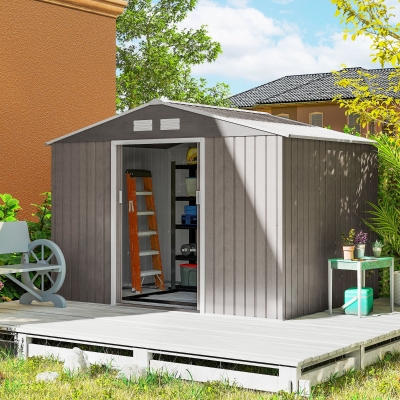 Outsunny Abri de jardin 5,4 m² 2,77 x 1,95 x 1,92 m fondation incluse porte coulissante ventilations tôle acier, marron clair