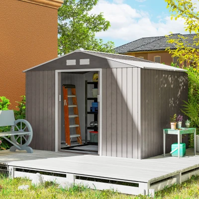 Outsunny Abri de jardin 5,4 m² 2,77 x 1,95 x 1,92 m fondation incluse porte coulissante ventilations tôle acier, marron clair