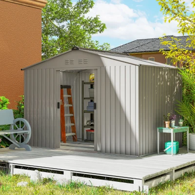 Outsunny Abrigo de Jardim Exterior 4,9 m² 277x195x192cm Abrigo e Jardim Metálico para Armazenamento de Ferramentas Cinzento
