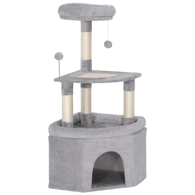 PawHut Albero tiragraffi per gatti con palo in sisal, piattaforma e rifugio, 49x49x114cm, Grigio chiaro