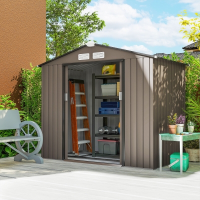 Outsunny Abri de Jardin 2,5m² Acier Marron Porte Coulissante
