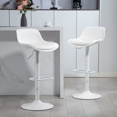 HOMCOM Set 2 Taburetes de Bar con Respaldo, Altura Ajustable, Asiento Giratorio en Cuero Sintético y Reposapiés, Blanco
