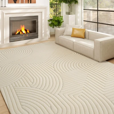 HOMCOM Teppich Wohnzimmer 160 x 120 cm, geometrischer flauschiger rutschfester Hochflor, Creme