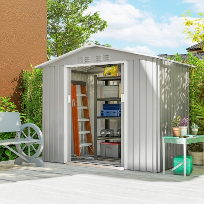 Outsunny Abrigo de Jardim 2,42 m 213x130x185 cm Abrigo de Jardim Metálico para Armazenamento com 2 Portas Deslizantes e 4 Janelas Cinza Claro