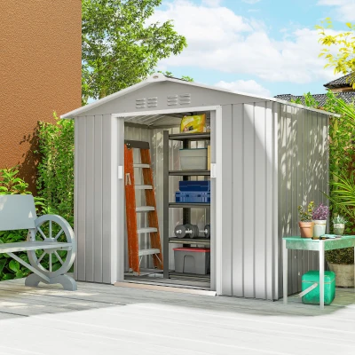 Outsunny Abrigo de Jardim 2,42 m 213x130x185 cm Abrigo de Jardim Metálico para Armazenamento com 2 Portas Deslizantes e 4 Janelas Cinza Claro