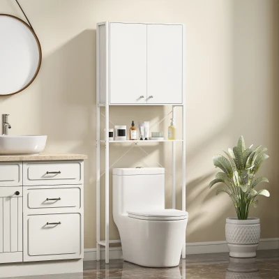 HOMCOM Badezimmer Überbau für WC und Waschmaschine mit Schrank und offenen Regalen, 64x20x180 cm, Weiß