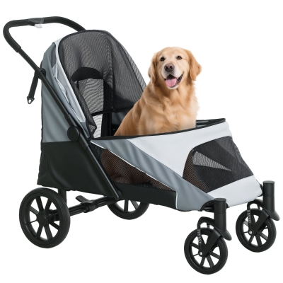 PawHut Hondenwagen, Opvouwbare Hondenbuggy voor Grote Honden, Huisdierenwagen met 4 Wielen, Veiligheidslijnen, Remmen, Grijs