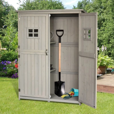 Outsunny Armario de Madera para Exterior para Herramientas de Jardinería con Doble Puerta y Estantes 127,5x50x164 cm Gris