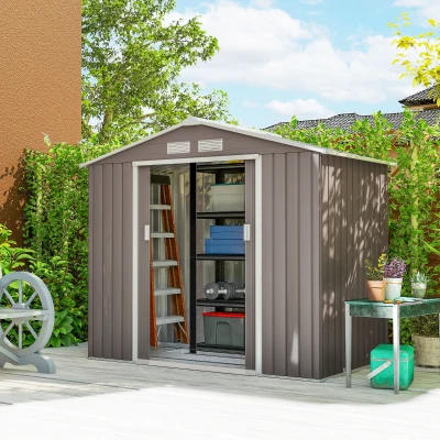 Outsunny Caseta de Jardín 213x130x185 cm Cobertizo Metálico de Exterior para Almacenamiento de Herramientas Gris