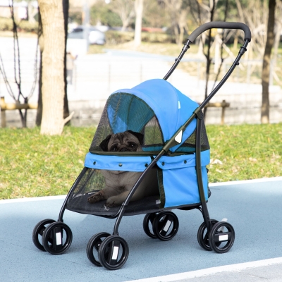 PawHut Hondenbuggy, Verstelbaar Dak, Netvensters, Ritssluiting, Staal, 82x47x97 cm, Blauw/Zwart