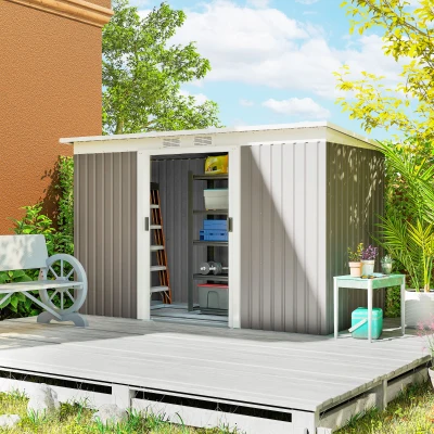 Outsunny Caseta de Jardín Exterior 3,2 m² 280x130x172 cm Cobertizo de Jardín con Puertas Correderas y Ventilaciones Gris Claro