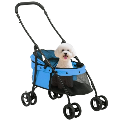 PawHut Hondenbuggy, Verstelbaar Dak, Netvensters, Ritssluiting, Staal, 82x47x97 cm, Blauw/Zwart