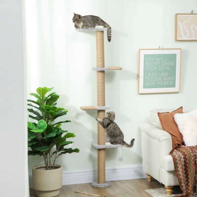 PawHut Árbol para Gatos de Pared de 5 Niveles Rascador para Gatos Estrecho con Bola y Rascadores 48x21x180 cm Gris Claro