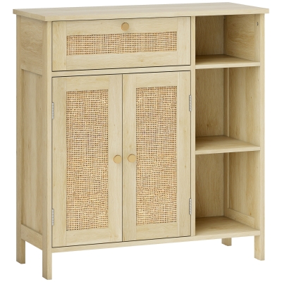 HOMCOM Buffetschrank, Aufbewahrungsmöbel, 2 Türen aus Rattan, Schublade, offene Regale, verstellbare Regale, 75x30x79,5cm, Naturholzoptik