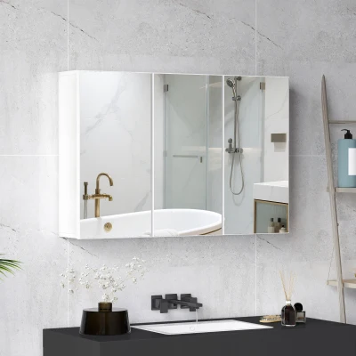 HOMCOM Armario de Espejo de Baño Armario de Baño con 3 Puertas de Espejo Montaje en Pared 90x15,5x60 cm Aglomerado Blanco