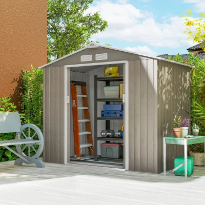 Outsunny Abrigo de Jardim 213x130x185 cm Abrigo de Jardim Metálico de Exterior com 2 Portas Deslizantes e 4 Janelas Madeira