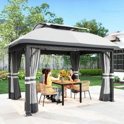 Outsunny Gartenpavillon, 3,3 x 4 m Gartenzelt mit Netz-Vorhängen, zweistufiges Dach, Kunstleder-Bezug, Metallrahmen, Hellgrau