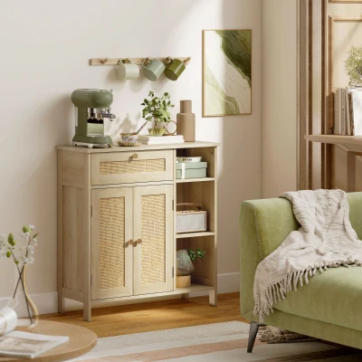 HOMCOM Buffetschrank, Aufbewahrungsmöbel, 2 Türen aus Rattan, Schublade, offene Regale, verstellbare Regale, 75x30x79,5cm, Naturholzoptik