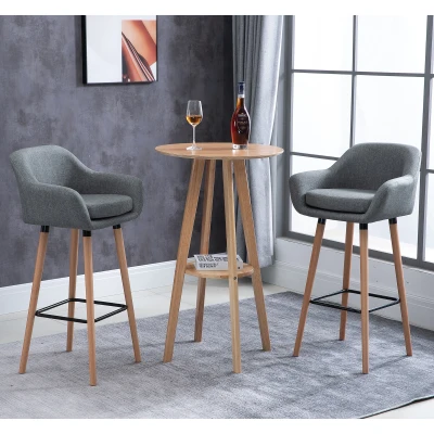 HOMCOM Set of 2  Bar Stools Modern Upholstered Seat Bar Chairs w/ Metal Frame, Solid Wood Legs Living Room Dining Room Fabric Furniture - Grey