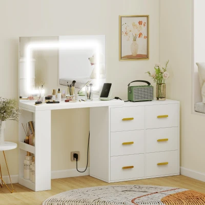HOMCOM Schminktisch mit Spiegel und Einstellbaren LED-Lichtern, 6 Schubladen, 2 Regale und Steckdosen, Weiß