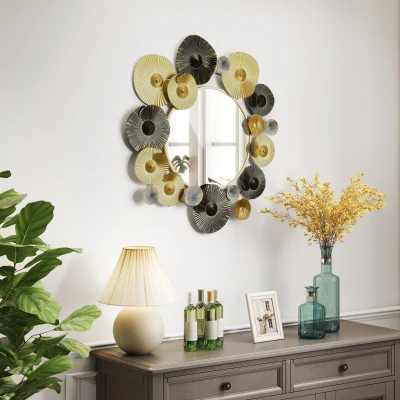 HOMCOM Adorno de Pared Metálico con Espejo Decorativo para Salón Dormitorio Pasillo 84x84 cm Dorado y Negro