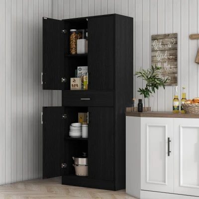 HOMCOM Highboard Küchenschrank 4 Türen 2 Schränke und 1 zentrale Schublade Höhe 180 cm mit 2 höhenverstellbaren Regalen Schwarz