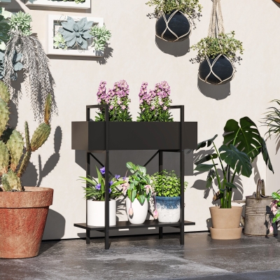 Outsunny Soporte plantas interior 2 niveles, porta planta con agujeros de drenaje, bandeja superior, metal, 60 x 25 x 70 cm negro