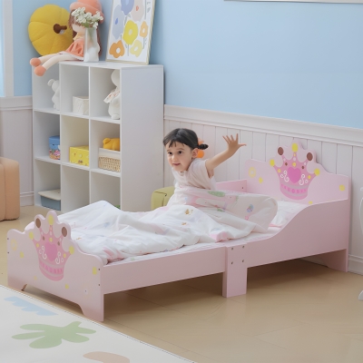HOMCOM Cama Infantil de +3 Años 143x73x60 cm con Estampado de Corona Carga 50 kg para Dormitorio Rosa