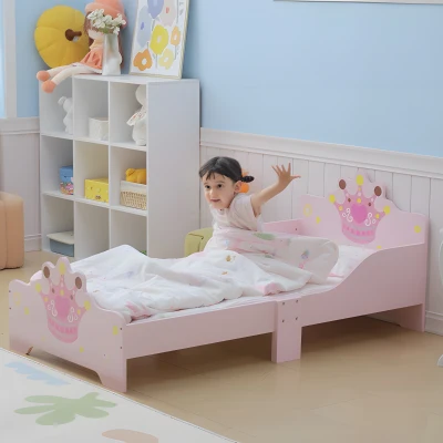 HOMCOM Cama Infantil de +3 Años 143x73x60 cm con Estampado de Corona Carga 50 kg para Dormitorio Rosa
